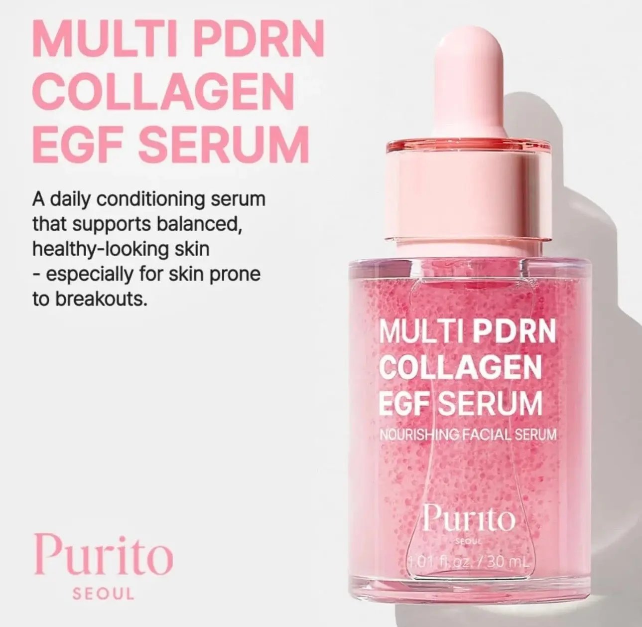 Close-up of Purito PDRN EGF Serum drop on skin showing lightweight texture
