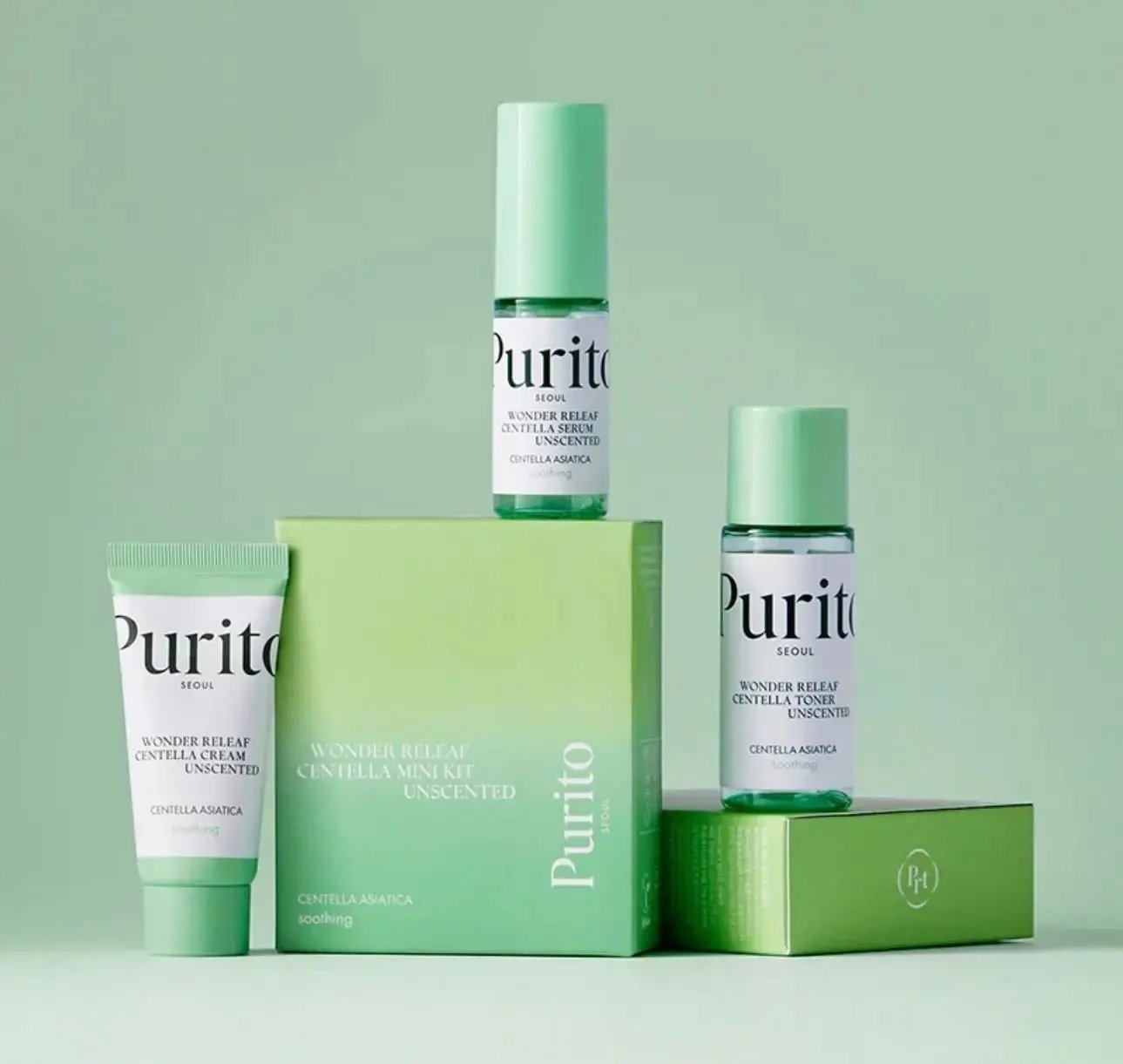 PURITO Seoul Wonder Releaf Centella Mini Kit Unscented — travel skincare set with toner, serum and cream for sensitive skin