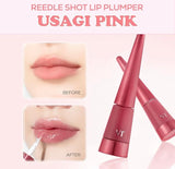 Swatch of Reedle Shot Lip Usagi Pink on lips showing high-shine bunny tongue pink tint and volumized look.