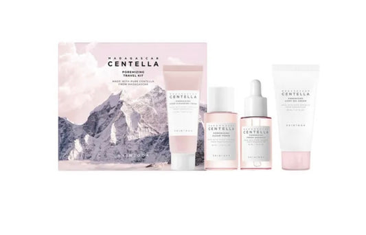 Skin1004 Madagascar Centella Poremizing Travel Kit box containing 4 mini skincare products for pore care and soothing.