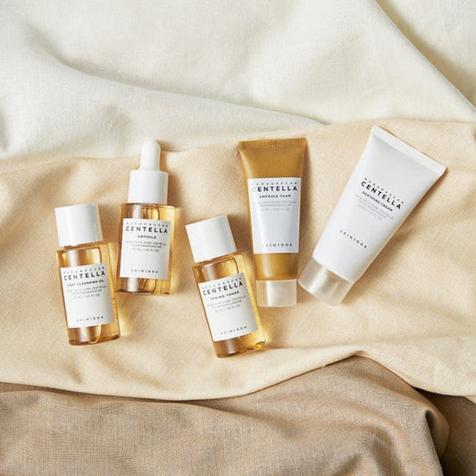 SKIN1004 Madagascar Centella Travel Kit 5-piece travel set in clear pouch (cleansing oil, foam, toner, ampoule, soothing cream) for sensitive skin.