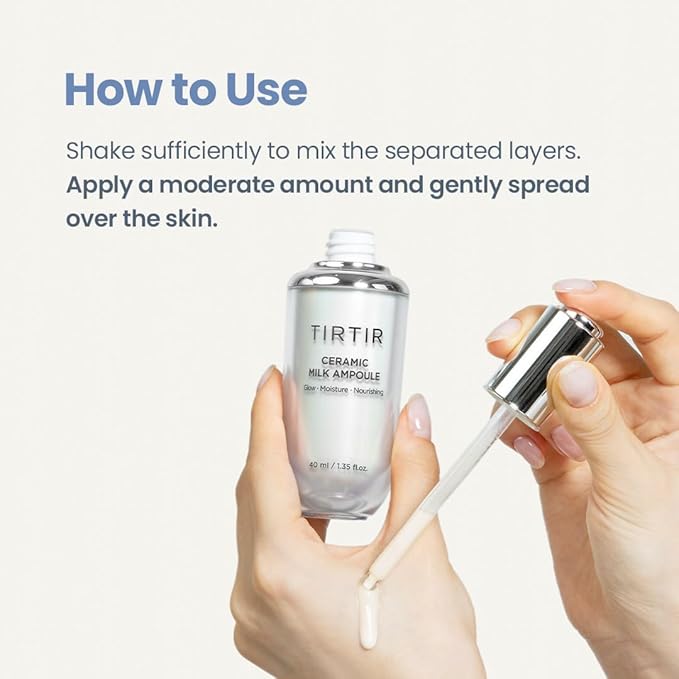 TIRTIR Ceramic Milk Ampoule bottle with dropper and usage instructions on a white background