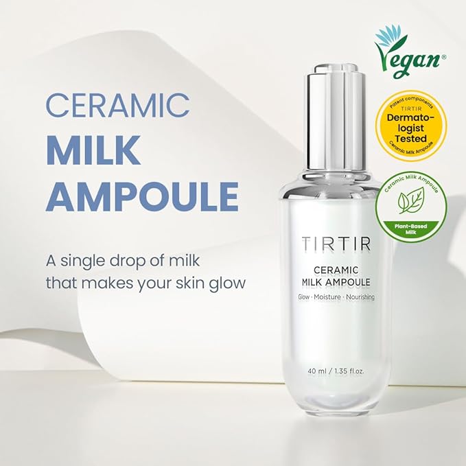 TIRTIR Ceramic Milk Ampoule packaging with vegan and dermatologist-tested badges