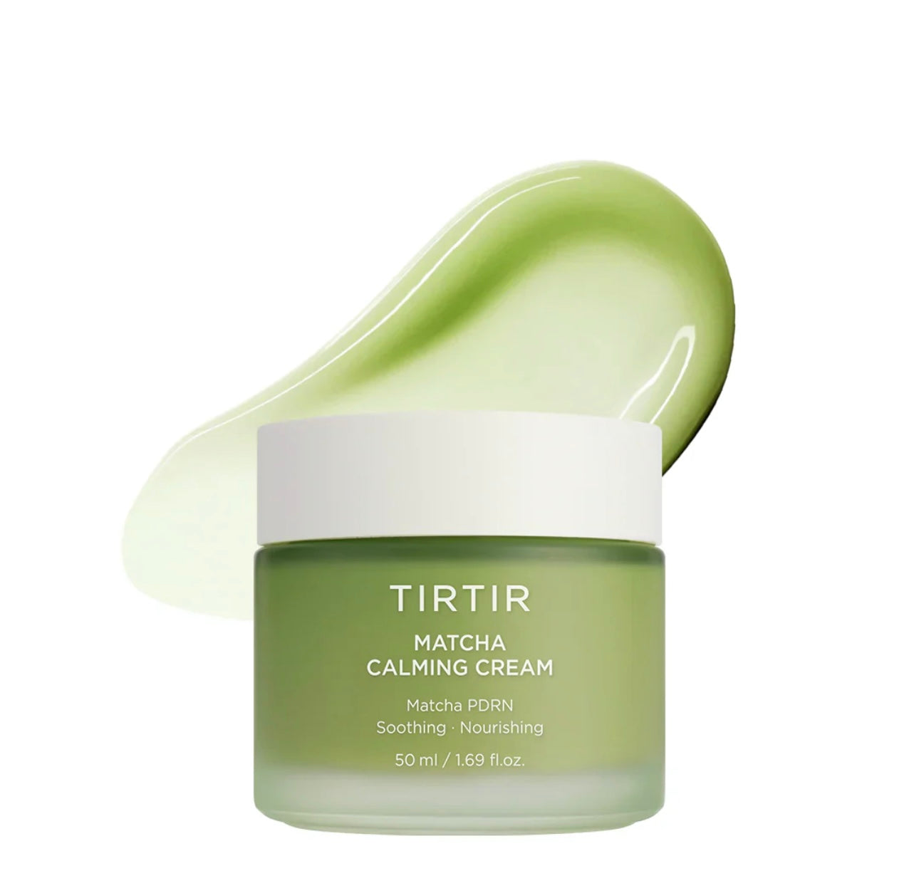 TIRTIR matcha calming cream 50ml tube standing next to its green and white box on a soft background.