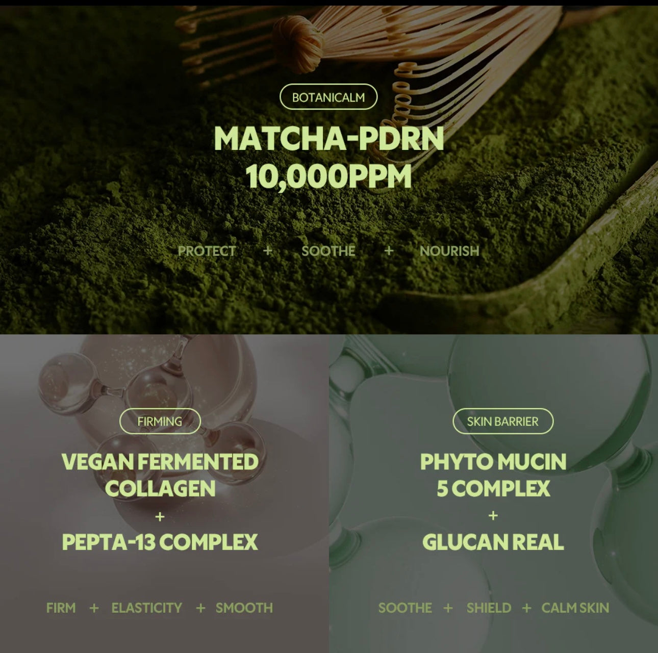 Back view of the TIRTIR matcha calming cream packaging highlighting the 50ml size and key ingredients like Matcha-PDRN.