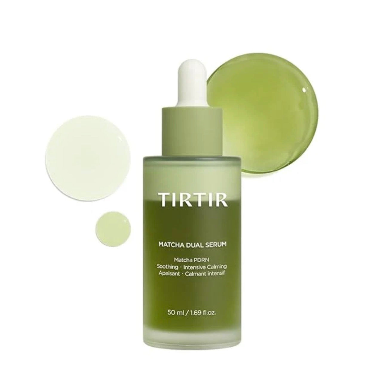 TIRTIR Matcha Dual Serum 50ml bottle standing upright with dual-layer formula visible.