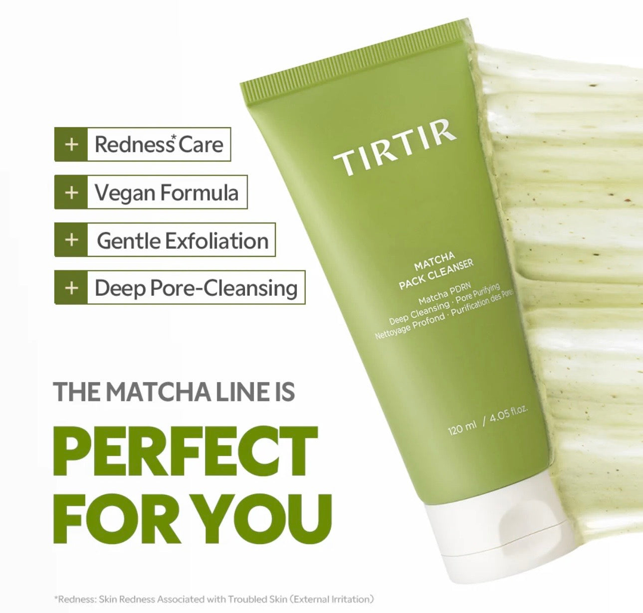 Rich white foam lather of the matcha cleanser on a hand, demonstrating the gentle foaming action after adding water.