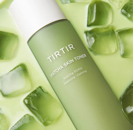 Close up of the TIRTIR matcha toner bottle showing the green matcha-inspired design.