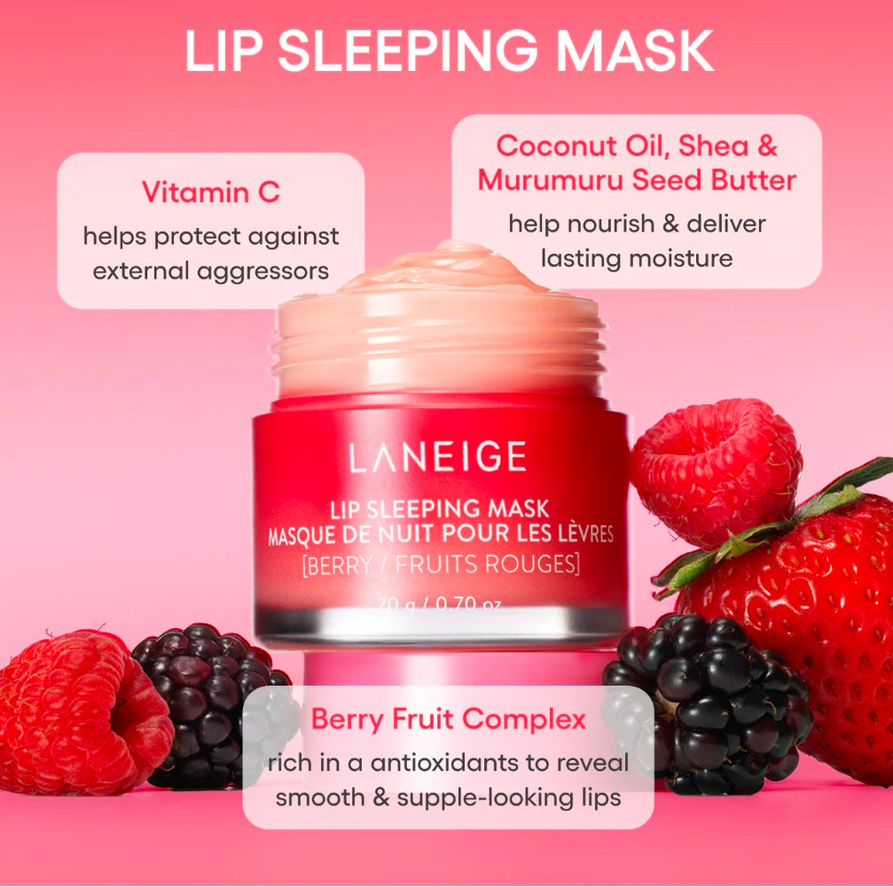 Woman with soft, hydrated lips after using the Laneige Lip Sleeping Mask.