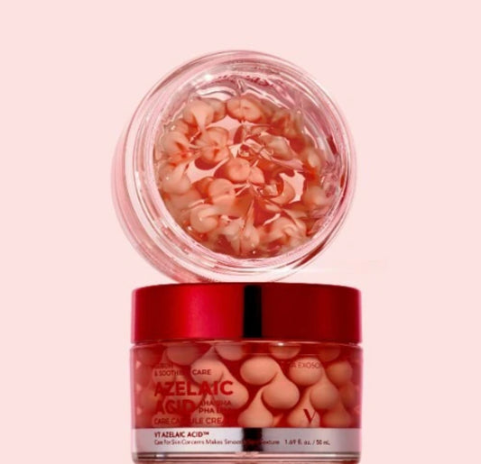 VT Cosmetics Azelaic Acid Care Capsule Cream 50ml tube front view showing pink moisture capsules suspended in clear gel texture on white background.