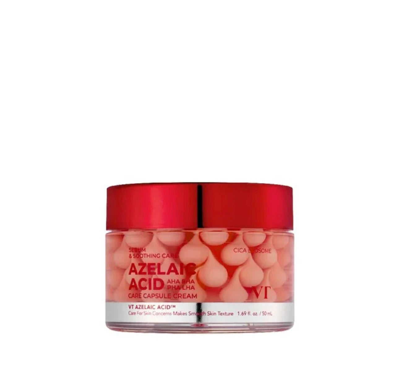 Detailed close up of the VT Cosmetics Azelaic Acid Care Capsule Cream packaging label highlighting the product name and azelaic acid based care for skin texture.