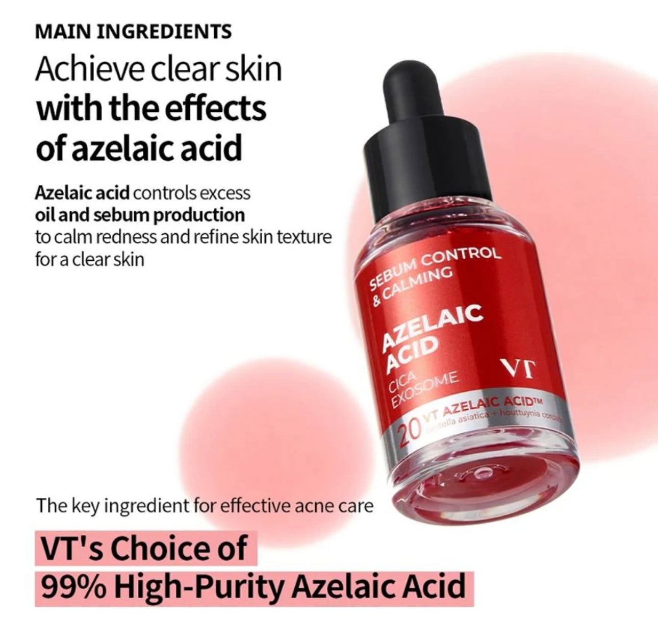 Close up of VT Cosmetics Azelic A1 Ampoule lightweight and soothing liquid texture on fingertip.