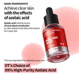 Close up of VT Cosmetics Azelic A1 Ampoule lightweight and soothing liquid texture on fingertip.