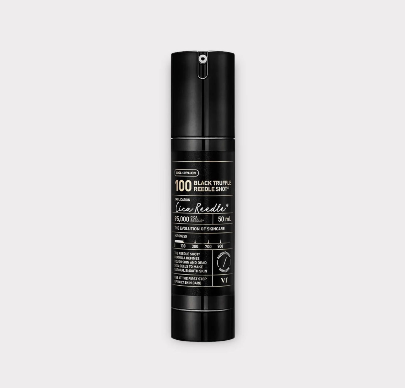 Close-up of the VT Cosmetics Black Truffle Reedle Shot 100 serum dropper bottle.