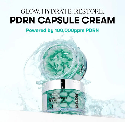 Open jar of VT Cosmetics PDRN Capsule Cream 100 showing creamy texture