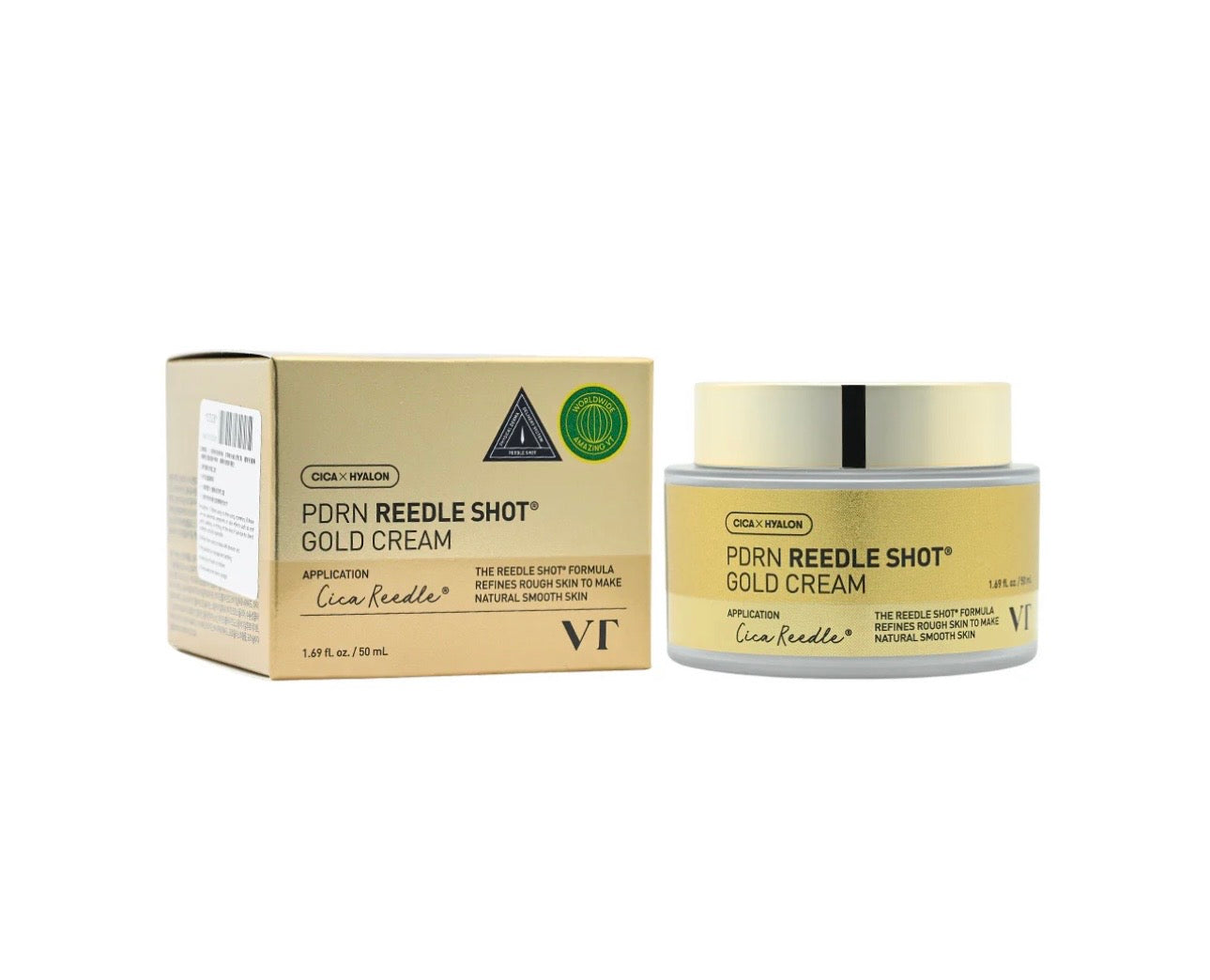 VT Cosmetics PDRN Reedle Shot Gold Cream in its original box, a premium K-beauty anti-aging moisturizer