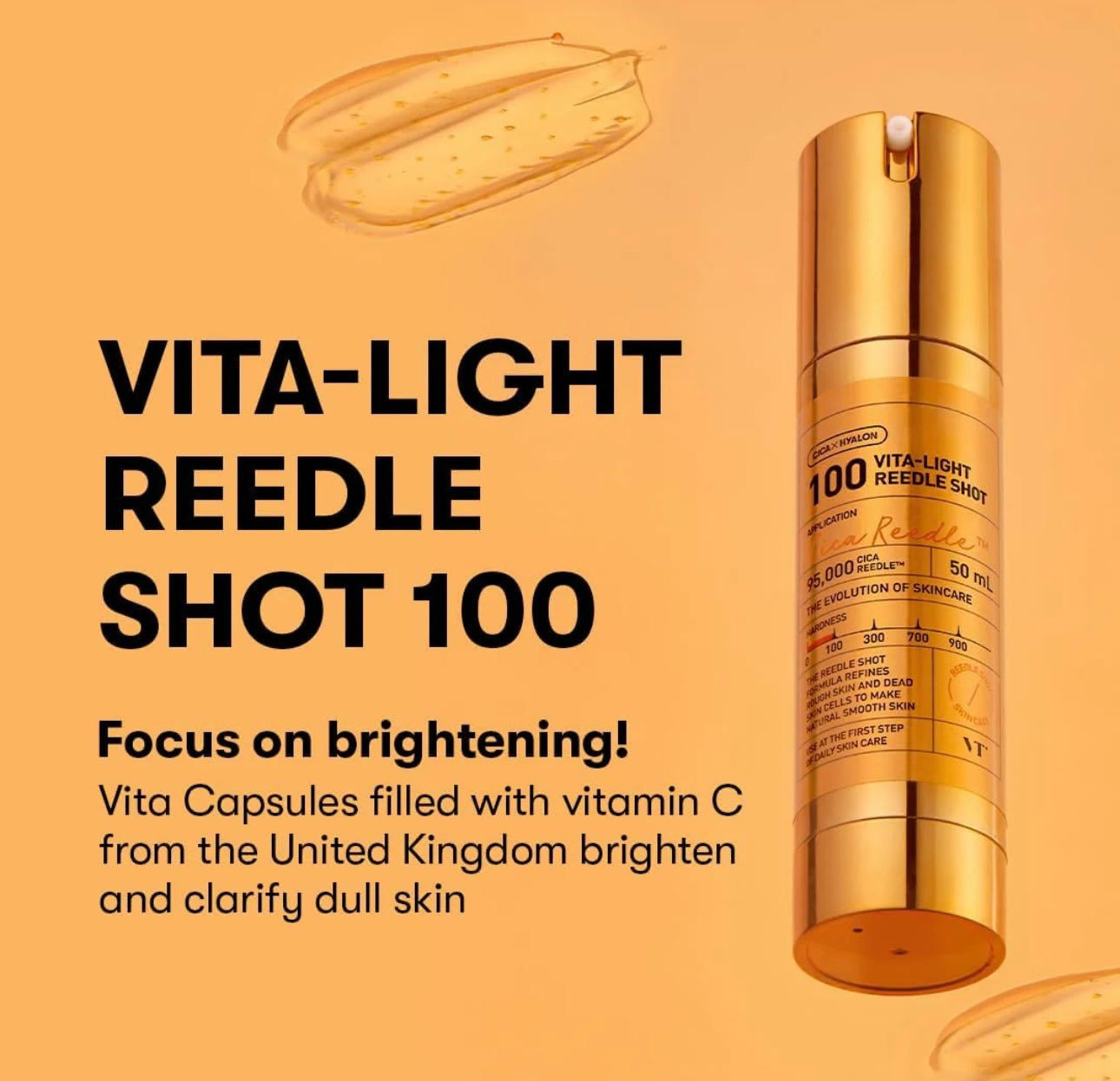 A detailed shot showing the unique jelly-like texture of the Vita Light Reedle Shot serum with visible Vita Capsules.