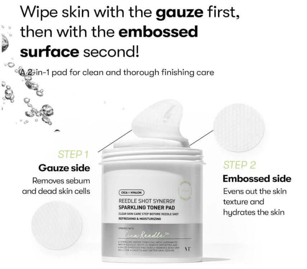VT Reedle synergy sparkling toner pad bottle ingredient display showing Aquaxyl and tea tree leaf complex.