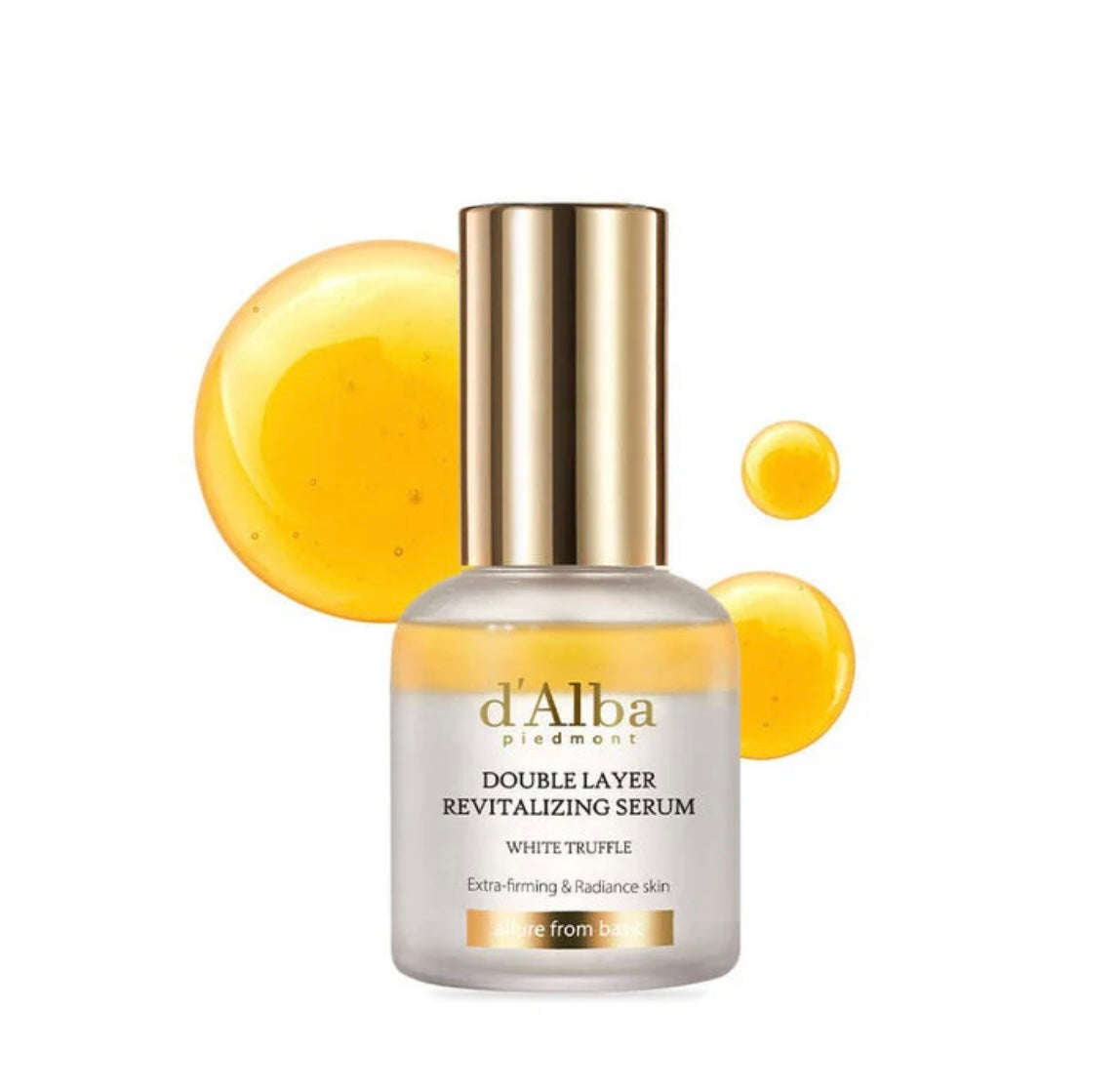 Close-up view of the White Truffle Double Serum's luxurious texture and key ingredient list.